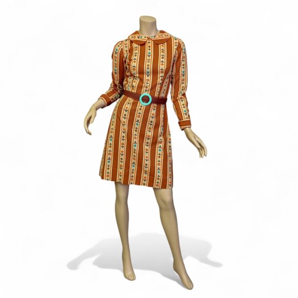 Vintage 1960s Mod Dress – Rust Orange Floral Stripe - Small - Picture 1 of 10